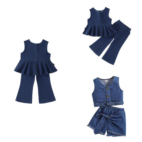 Antinious Toddler Girls Round Neck Tank Top Outfit Solid Denim Sleeveless Tops with Flared Pants