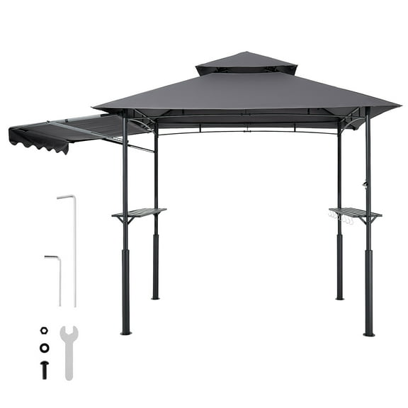 KFFKFF 8 x 5 ft Grill Gazebo with Double-Tier Roof, BBQ Shelter with Awning, Steel Frame, Side Shelves, Bottle Opener & Hooks, Outdoor Canopy for Patio or Garden