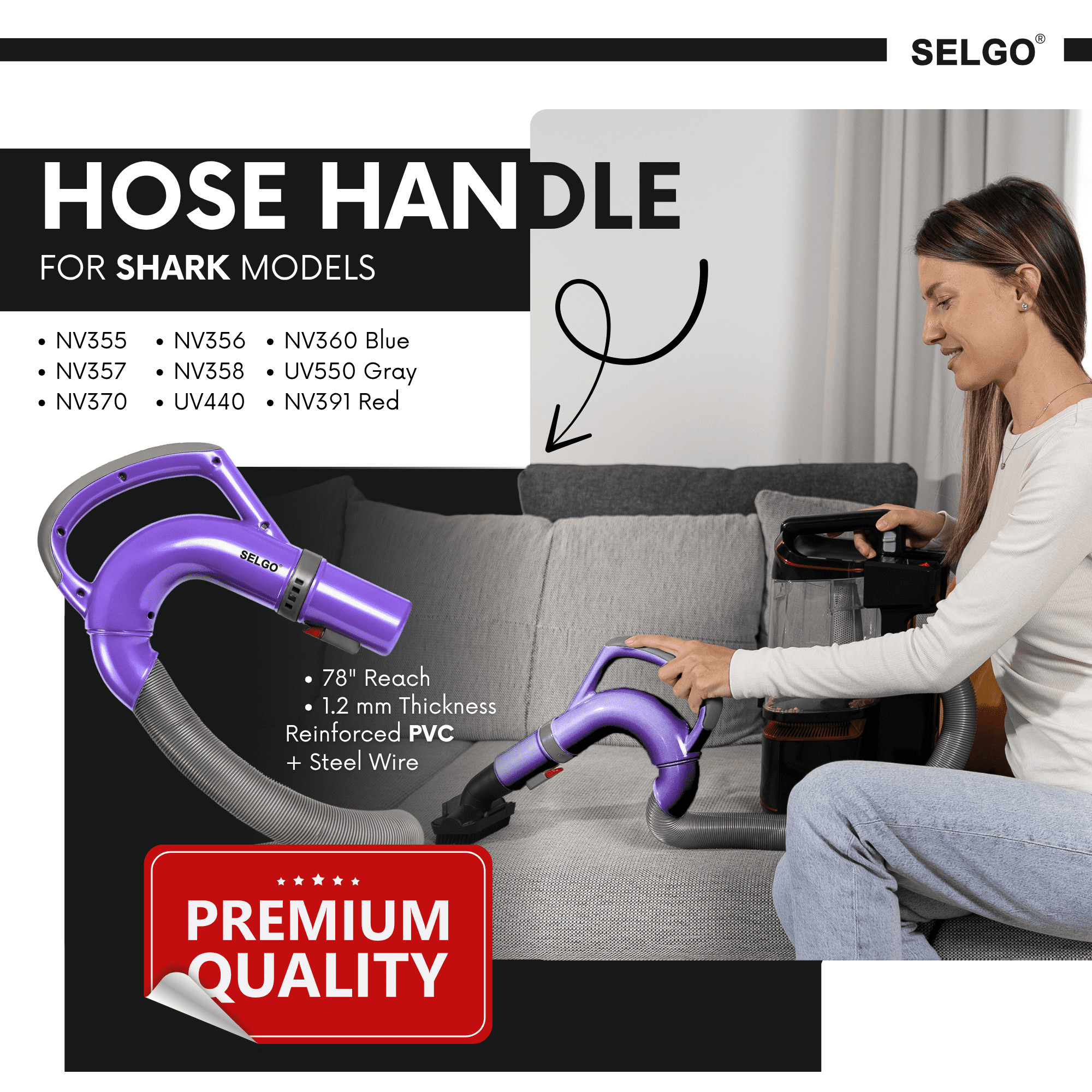 Upgraded OEM Selgo Replacement Hose Handle for Shark Rotator Lift-Away Vacuum Purple Works Great for NV350, NV351 NV352 NV353 NV354C NV354Q (NV360 NV360K Blue NV391 Red UV550 Gray) Replaces # 113FFJ