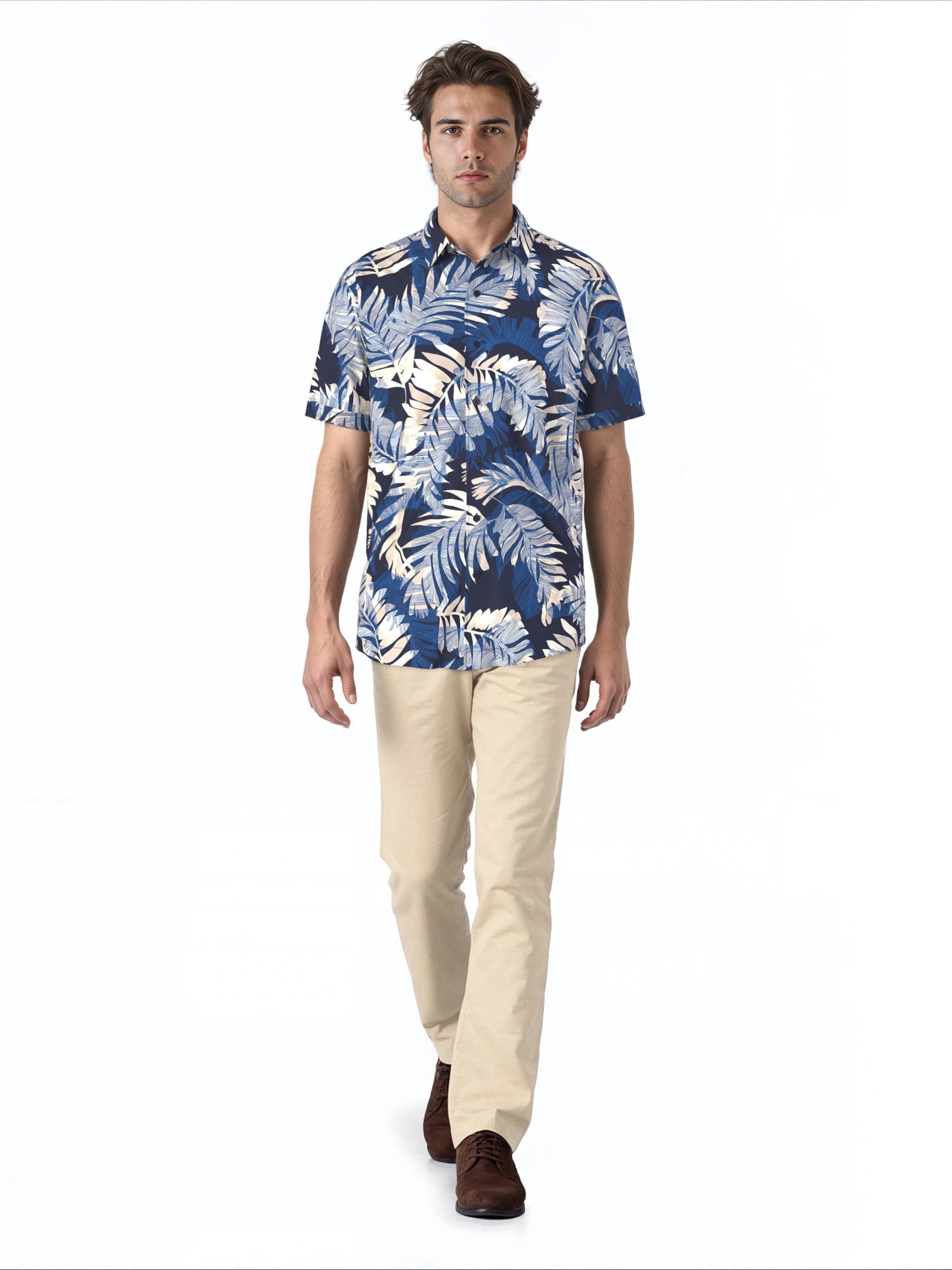 Cafe Luna Men's and Big Men's Printed Leaves Short Sleeve Woven Shirt with Texture, Size S-4XL