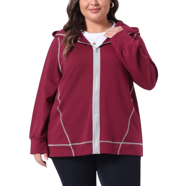Chaqueta de mujer de tallas grandes Agnes Orinda con cremallera, manga larga y bolsillos, sudadera 2024, 2X burdeos