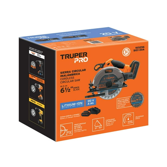 Sierra circular 6-1/2", 20V, 1 batería 4Ah, PRO naranja