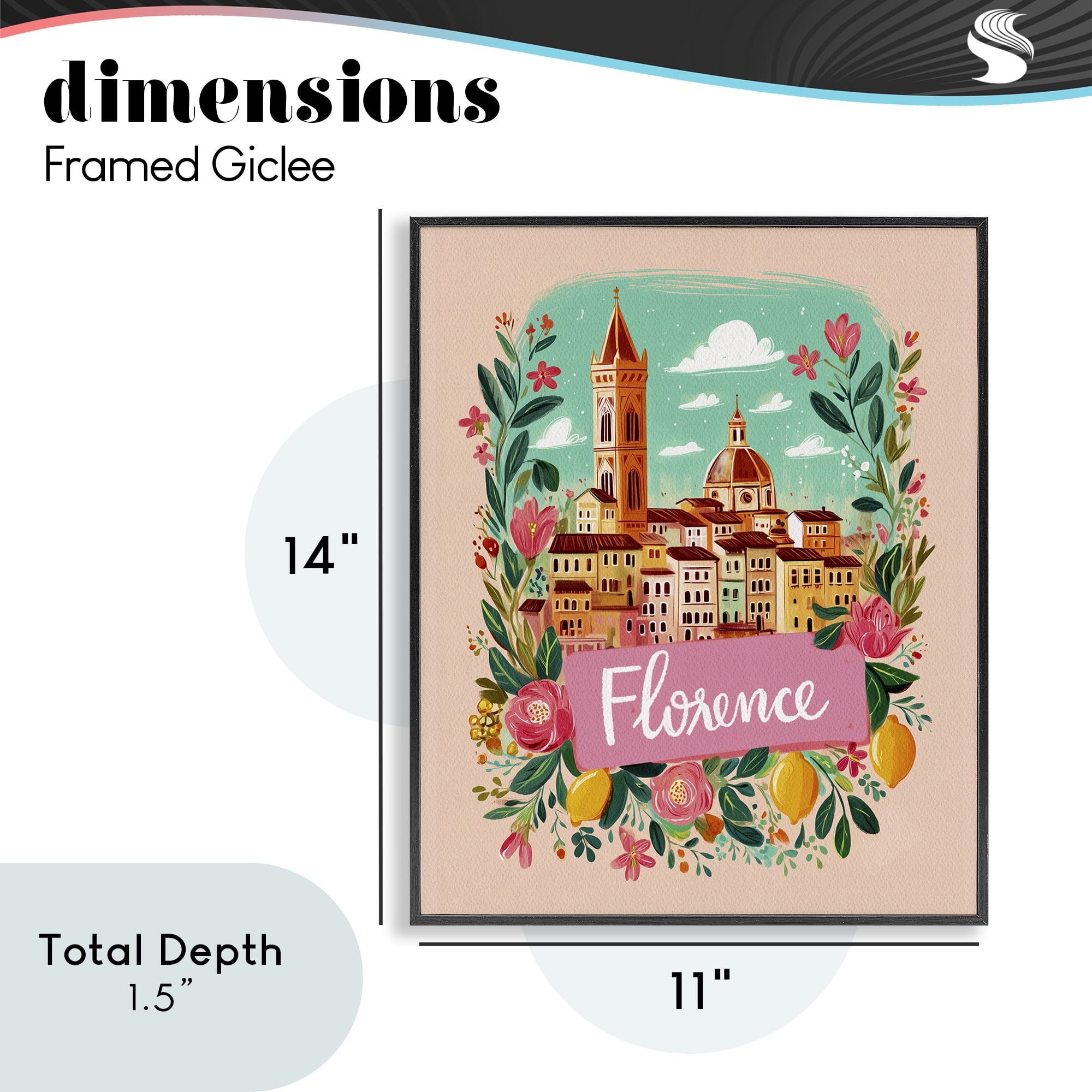 Floral Bordered Florence Black Framed Giclee Art, design by Yen