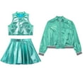 thumbnail image 3 of TiaoBug 3Pcs Girls Metallic Hip Hop Jazz Dance Performance Outfits Shiny Crop Top Bomber Jacket Skirt Set Lake Blue 10, 3 of 5