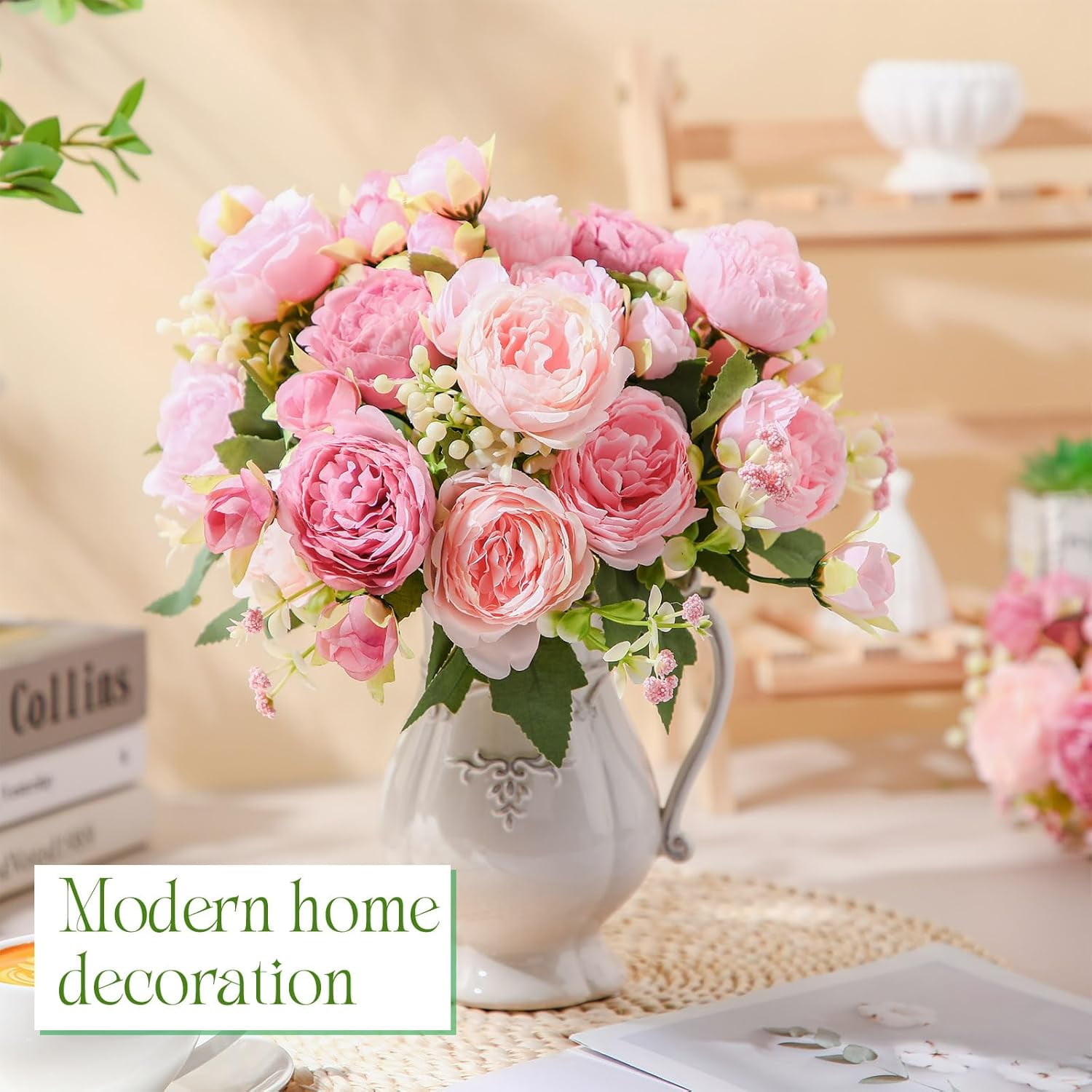 8 Bundles Artificial Peonies Flowers Fake Silk Peony Bouquet Faux Peonies Flowers Bulk for Decoration Vase Floral Arrangements Wedding Party Table (White)