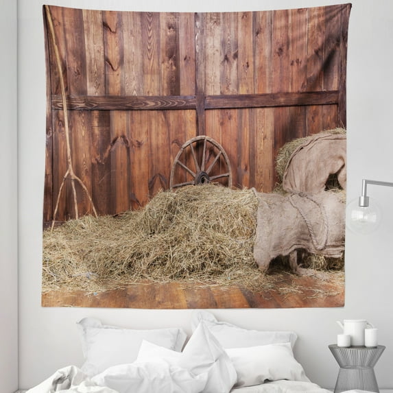 Wagon Wheel Tapestry, Rural Old Horse Stable Barn Interior Hay and Wood Planks Image Print, Fabric Wall Hanging Decor for Bedroom Living Room Dorm, 5 Sizes, Brown Dust, by Ambesonne