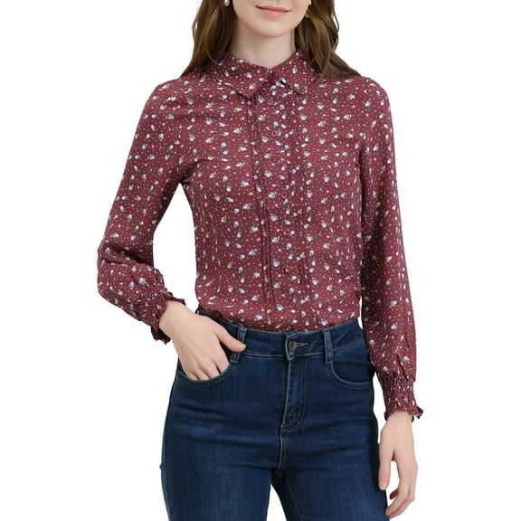 INSPIRE CHIC Women's Relax Long Sleeve Button Up Floral Shirts S Red