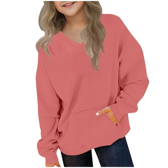 Khunlpohl Kid's Casual Sweatshirts V Neck Long Sleeve Loose Tops Solid Color Fall Winter Clothes with Pockets for Boys Girls