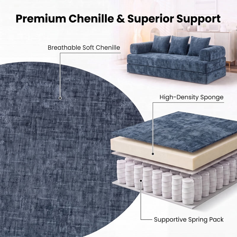 Gewnee 79 Boneless Sofa, Convertible Sofa Bed, Futon Floor Sleeper Sofa Bed with Pillows for Living Room Bedroom, No Assembly Required, Chenille, Blue