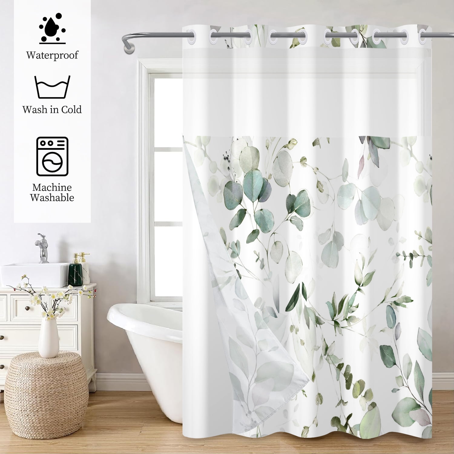 Mizhona Green Hookless Shower Curtain with Snap in Liner Summer Leaves Fabric No Hook Bathroom Curtain with Liner,71"x74"