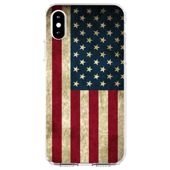 DistinctInk Clear Shockproof Hybrid Case for iPhone X / XS (5.8" Screen) - TPU Bumper, Acrylic Back, Tempered Glass Screen Protector - Red White Blue United States Flag Old - United States of America