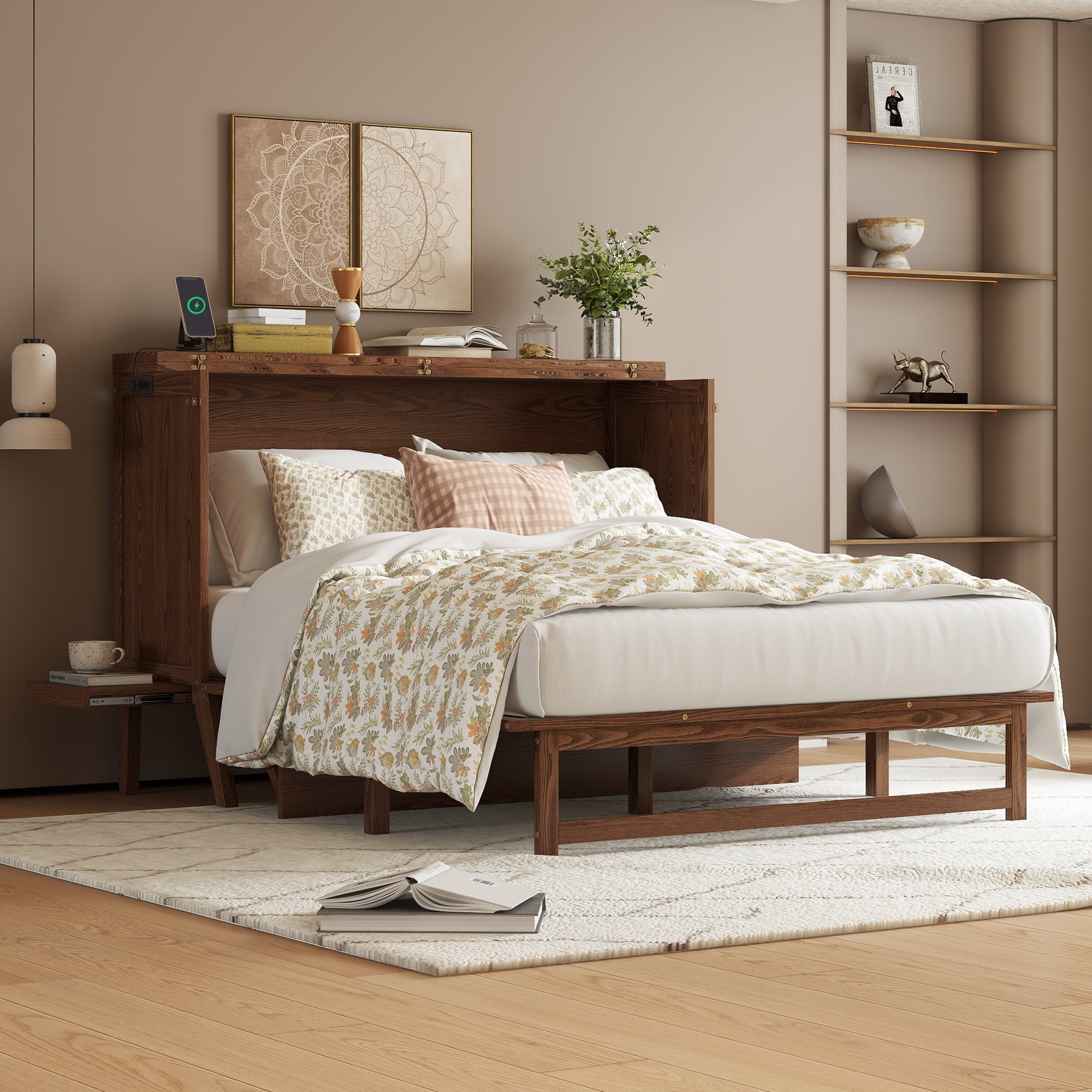 Sailvan Queen Size Murphy Bed with USB Port Shelves on Each Side, Solid Pine Murphy Cabinet Bed