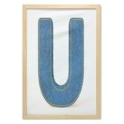 Letter U Wall Art with Frame, Denim Letter Alphabet Design with Realistic Looking Texture Stitches Image, Printed Fabric Poster for Bathroom Living Room Dorms, 23" x 35", Blue Yellow, by Ambesonne