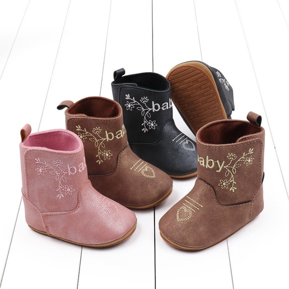 RTKFRFLM Baby Leather Boots Vintage Floral Embroidery Soft Sole Booties Black 6-9 Months