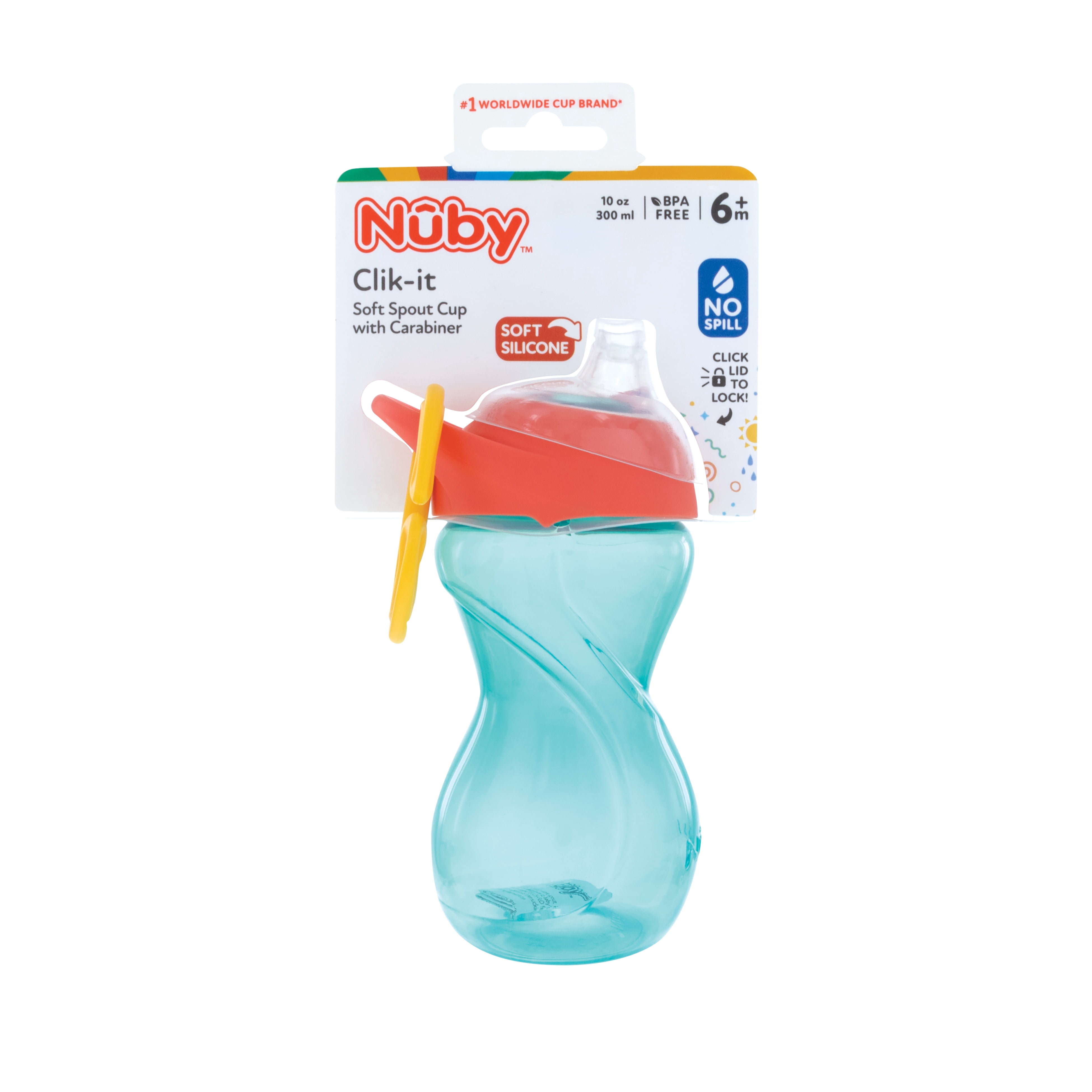 (2 pack) Nuby Click-it Soft Spout Sippy Cup with Carabiner, 10 fl oz