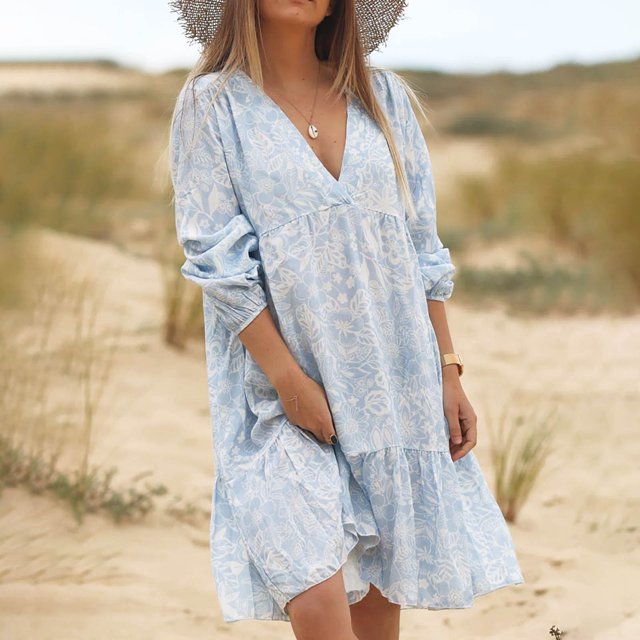 Qiopertar Robe Imprimée Bohème à Manches Longues et Col en V pour Femmes en Solde à Moins de 5$ en Solde