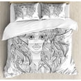 thumbnail image 1 of Zodiac Virgo King Size Duvet Cover Set, Young Lady Portrait with Flowers Hand Drawn Line Art Woman of Virgo Sign, Decorative 3 Piece Bedding Set with 2 Pillow Shams, Black and White, by Ambesonne, 1 of 3
