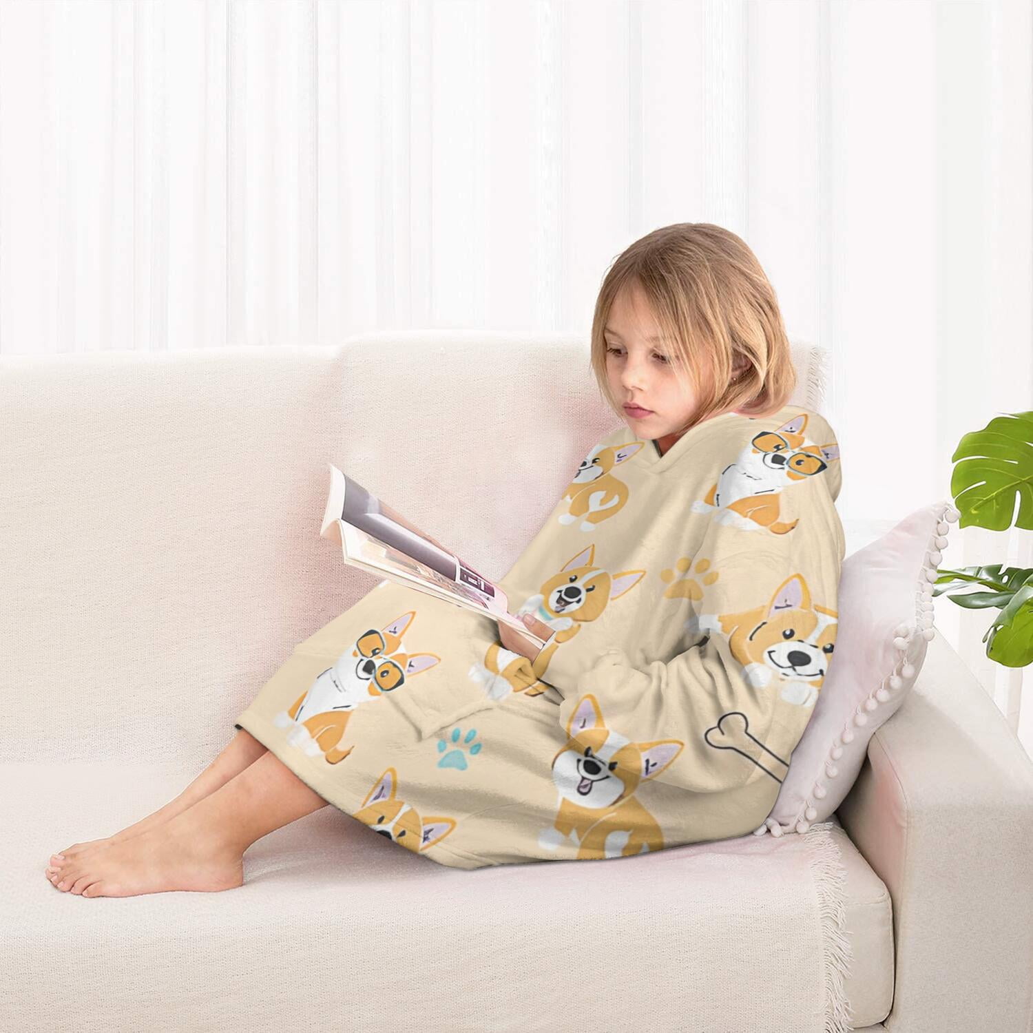 Cartoon Corgi Blanket Hoodies for Kids 6-13YR Oversize Wearable Blanket Hoodies for Boys Girls Teens
