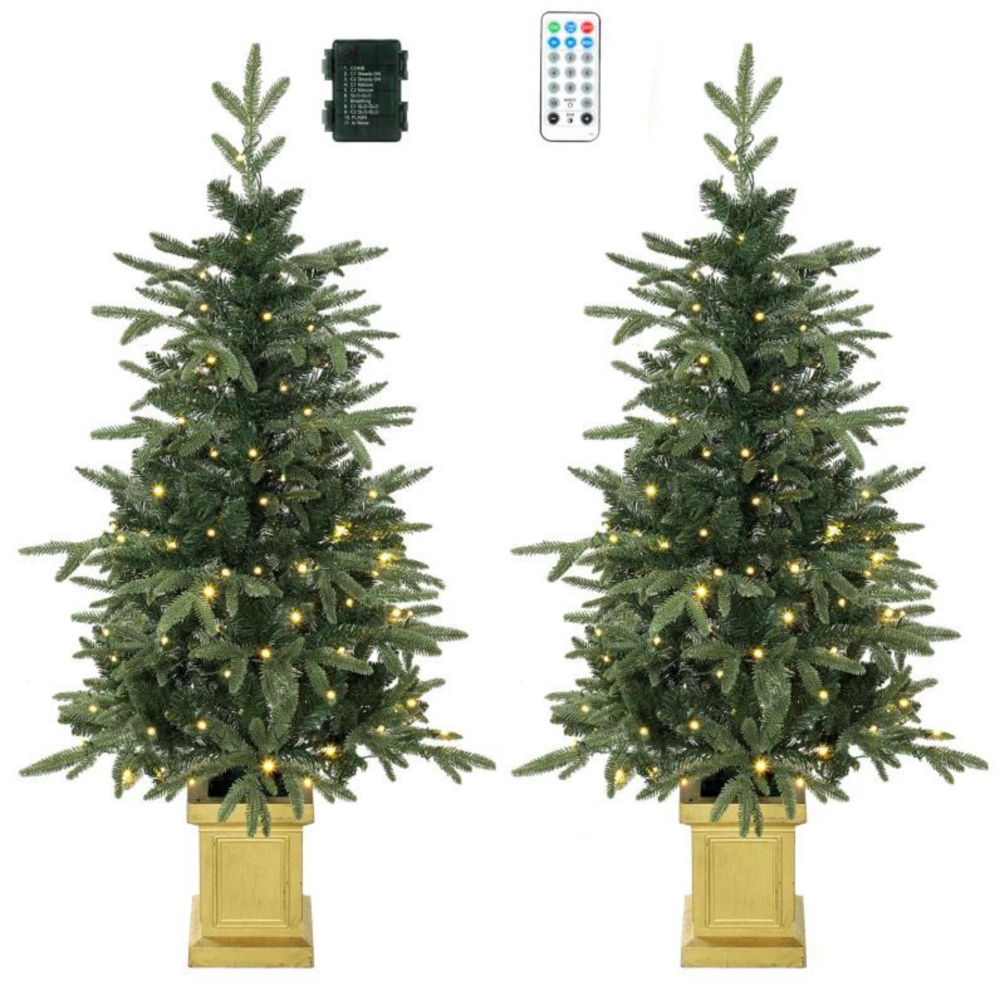 Pre-Lit Artificial Christmas Trees, Set of 2, 4 ft, 110 LEDs Each, 11 Lighting Modes, Remote Control, Battery Operated, Decorative Pot Bases