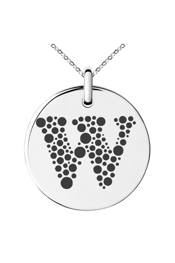 Stainless Steel Letter W Initial Dotted Monogram Engraved Small Medallion Circle Charm Pendant Necklace