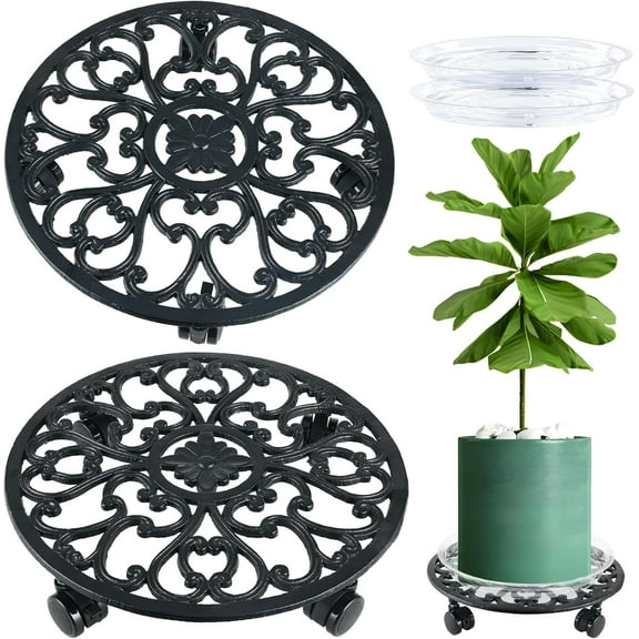 2 Packs 14 Inch Rolling Plant Stand with Wheels Metal Plant Caddy with Wheels Heavy Duty Round Plant Stand Indoor Iron Plants Rollers for Plants, Plant Dolly with Plant Saucers