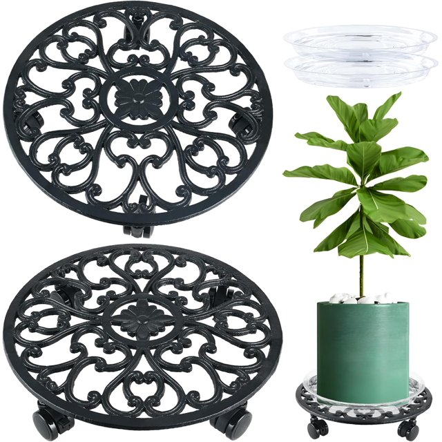 CNKOO 2 Paquets Support à Plantes Roulant avec Roues Caddy à Plantes en Métal avec Roues Robuste Support à Plantes Rond de 13'' Rouleaux d'Intérieur en Fer pour Plantes Poupée à Plantes avec Soucoupes pour Plantes