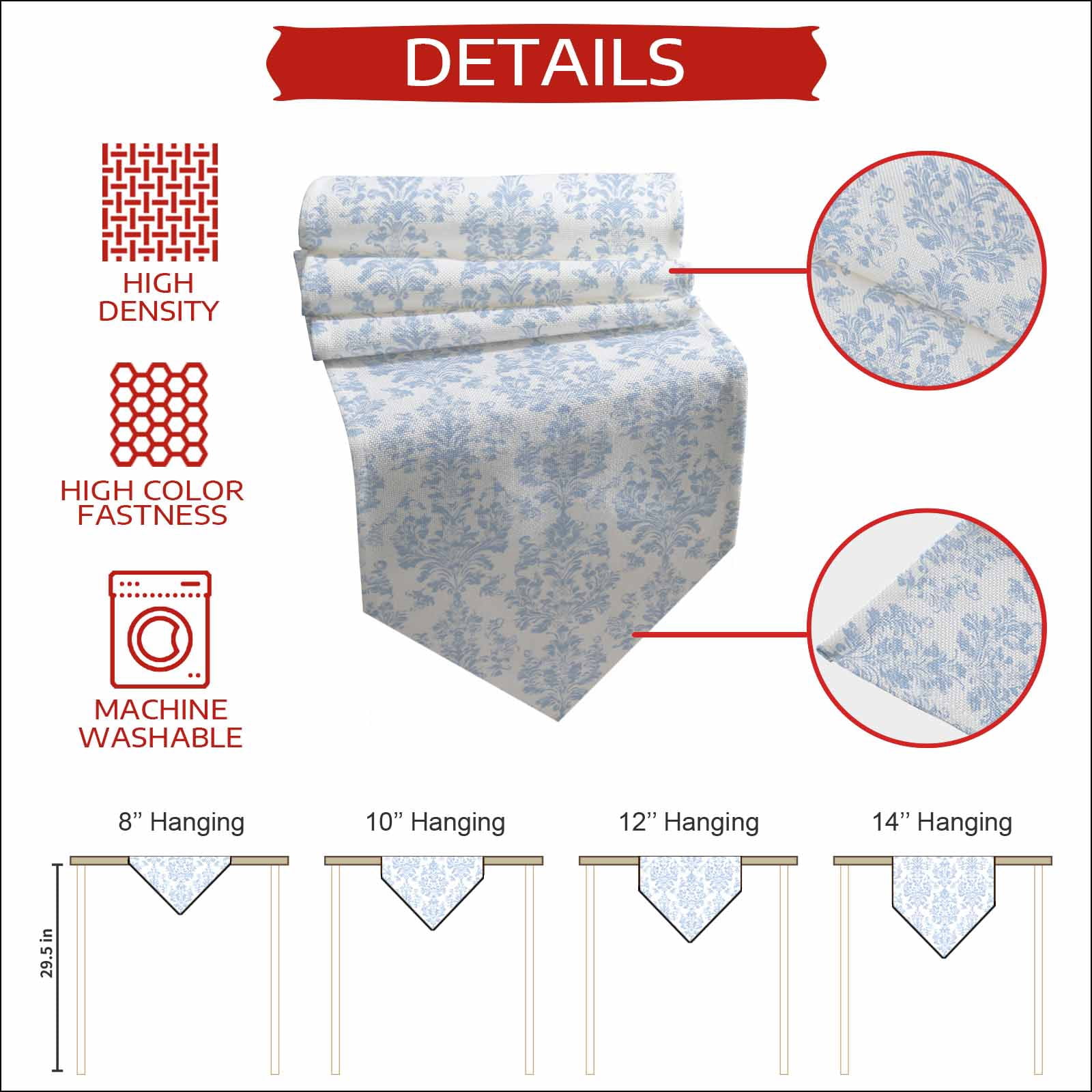 Blue Vintage Wallpaper Table Runner for Dining Room, Medieval Turkish Pattern Cotton Linen Dining Table Runner Tablecloth Dresser Scarves for Kitchen Cafe 13x120 Inches Long