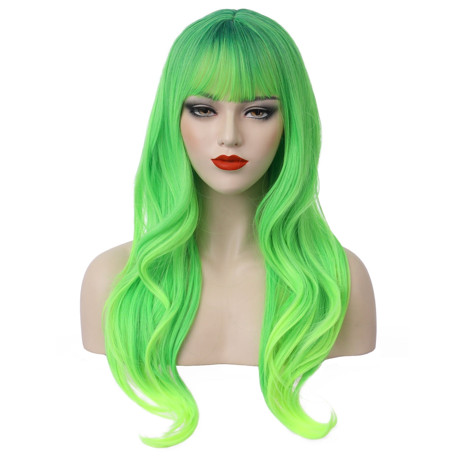RightOn 26" Green Wig Long Wavy Wig with Bangs Lime Neon Green Wig