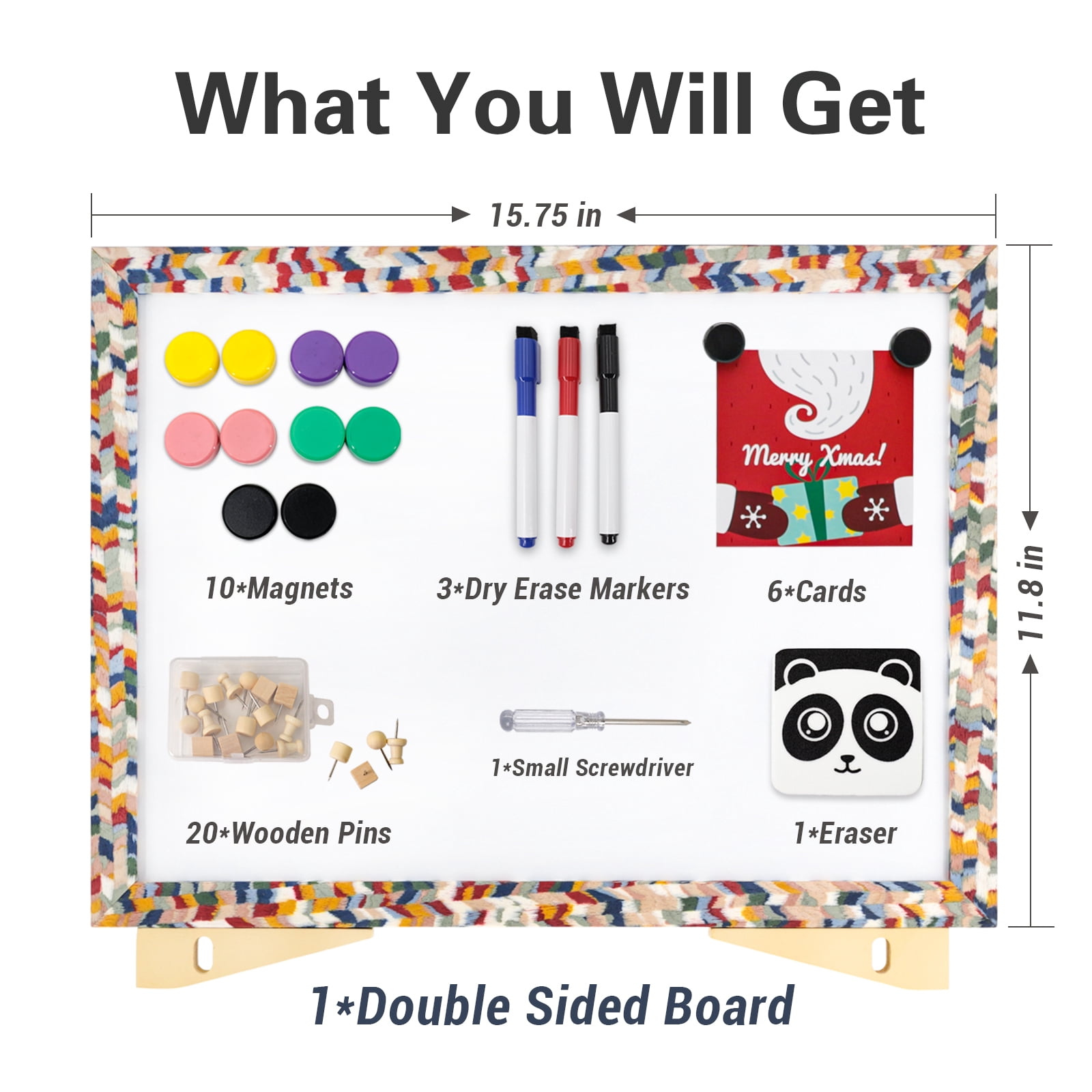 SHOOFFICE Combo Dry Erase Board & Cork Board, 16" x 12" Magnetic Corkboard with Stand, Boho Wooden Frame