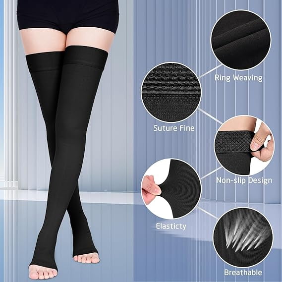 MecTo 15-20mmHg Open Toe Compression Stockings Medical Thigh High Compression Socks for Running Nursing Sports Veins( Black, L)