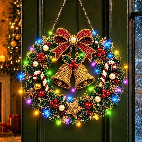 Clearance! Light-Up Christmas Wreath for Front Door, Christmas Diamond Art Wreath Craft Set, Hanging Artificial Wreath with LED Lights, Window Wall Ornament, Indoor Outdoor Christmas Decorations
