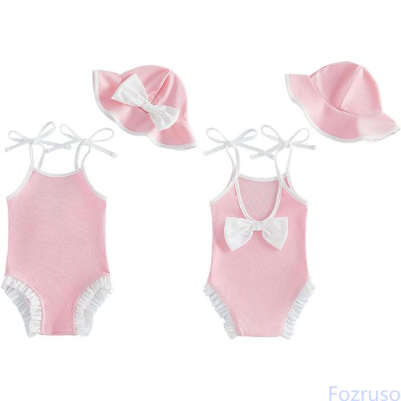 Fozruso Toddler Kids Girl Swimsuit Baby Bow Swimwear Infant 1 Piece Beach Swim Suit With Hat Baby Girl Bathing Suits Swimwear Sets Sizes 6-12 Months