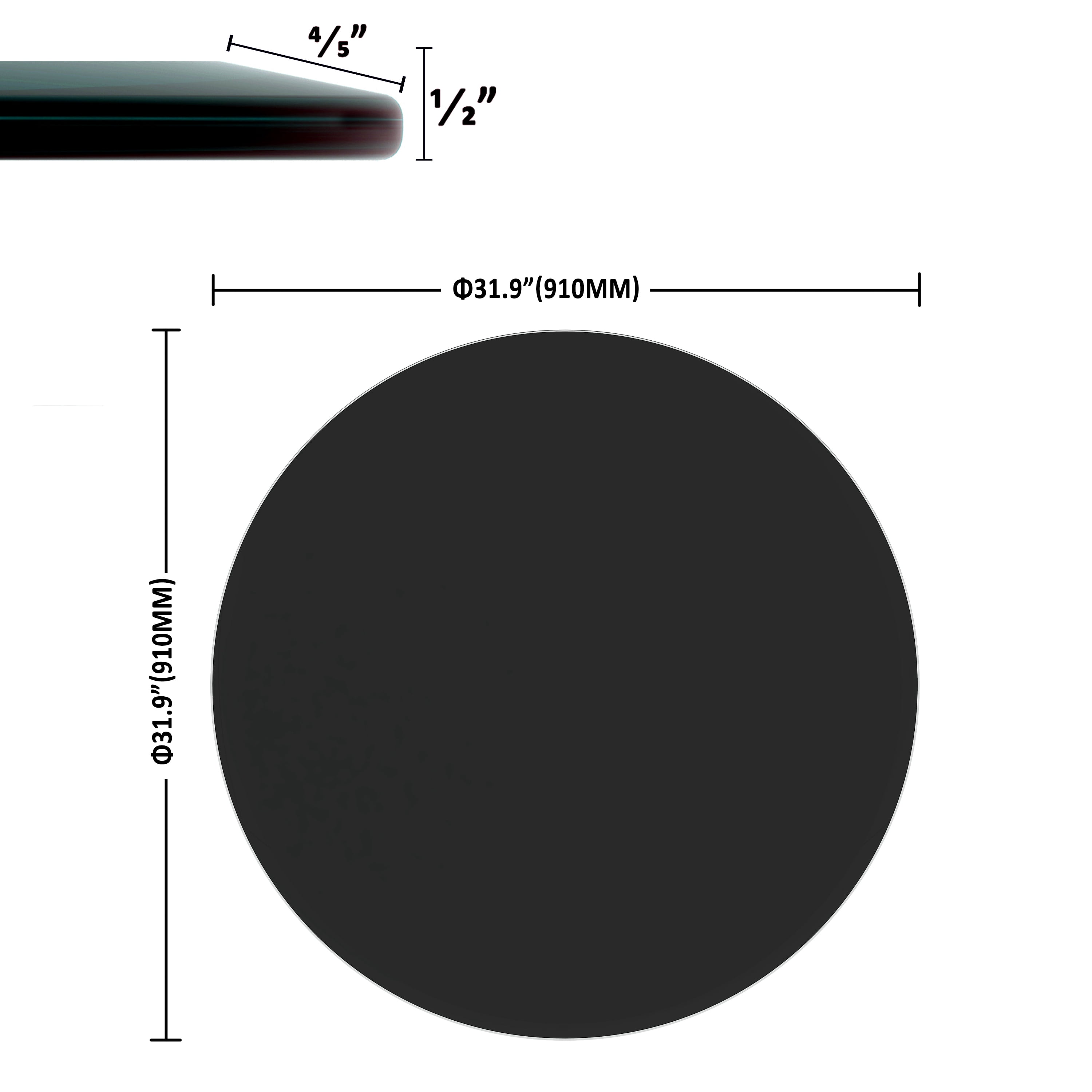 MAYEERTY 36" Round Tempered Glass Table Top, 1/2" Thick Beveled Polished Edge, Black