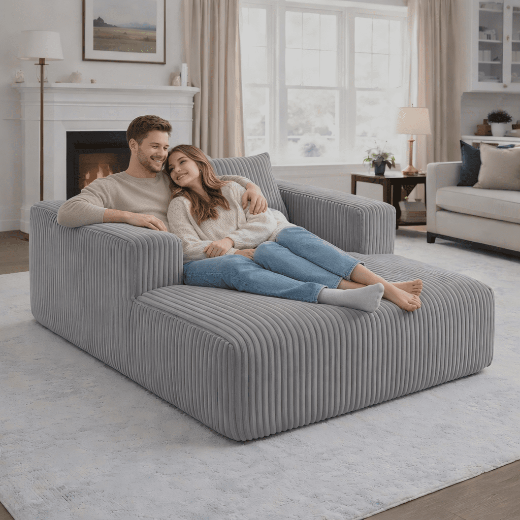 Miniyam Oversized Corduroy Chaise Lounge Sofa, Deep Seat Plush Couch with Pillows, Upholstered Floor Sofa, No Assembly for Living Room Bedroom, Gray