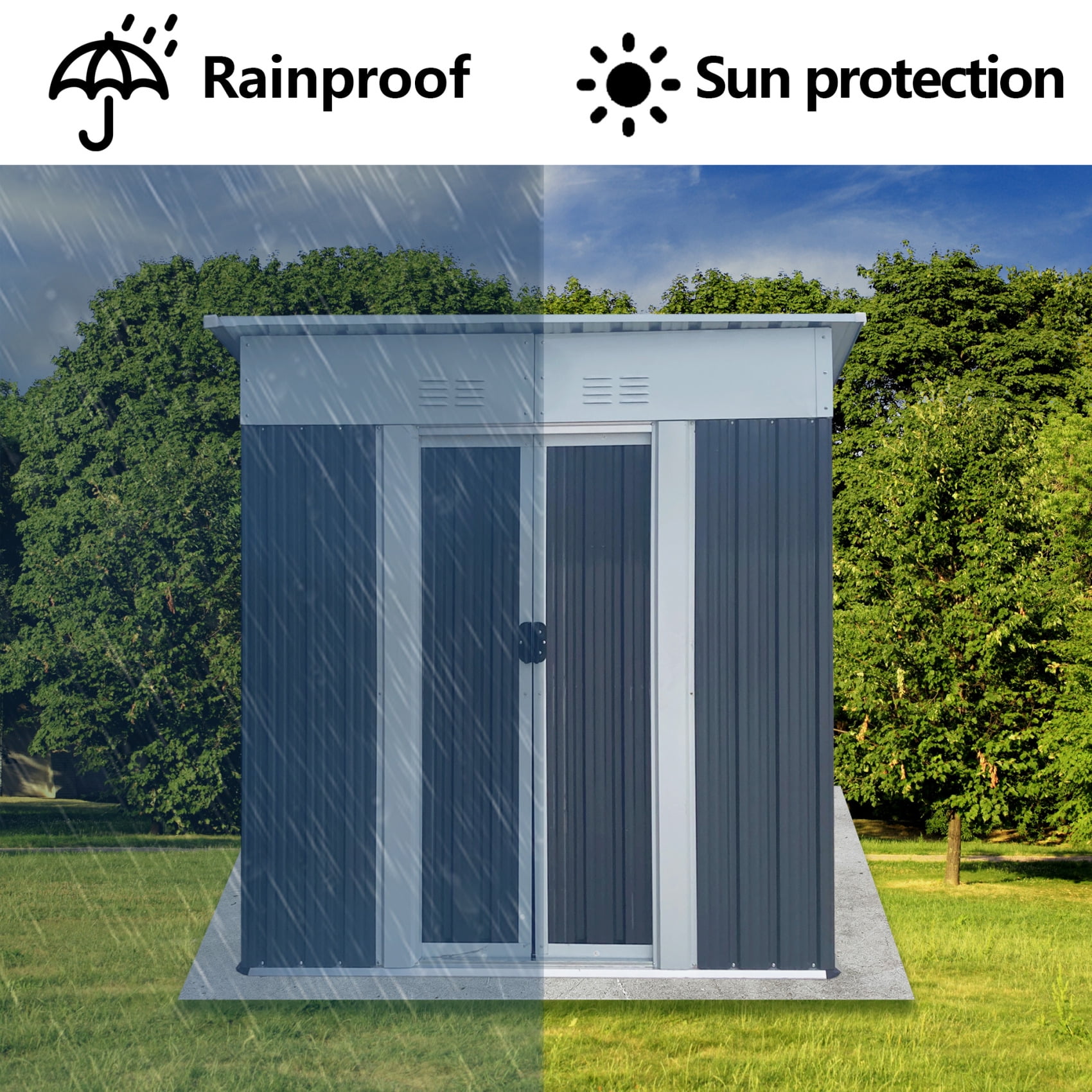 5x3 FT Outdoor Storage Shed with Lockable Door and Sliding Doors, Metal Frame Garden Shed with Sloping Roof, Vents, Waterproof Tool Shed for Backyard Patio Lawn, Vents, Grey