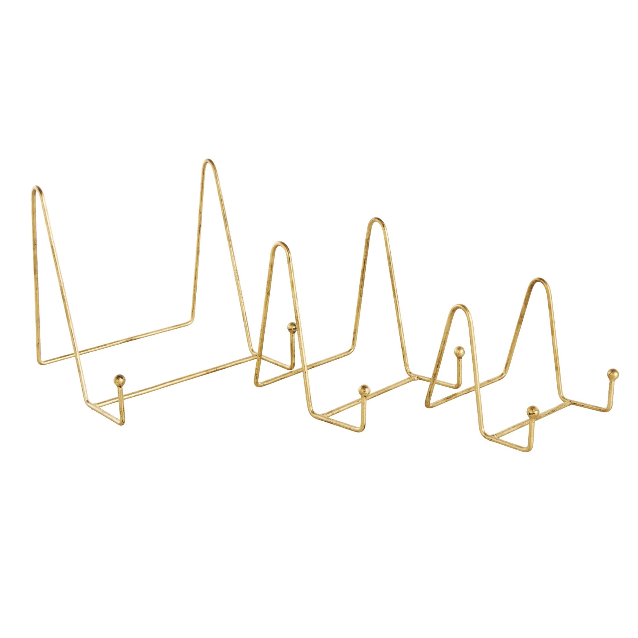 DecMode 10", 8", 6"H Gold Metal Wide Tabletop Triangle Easel with Ball Accents, 3-Pieces