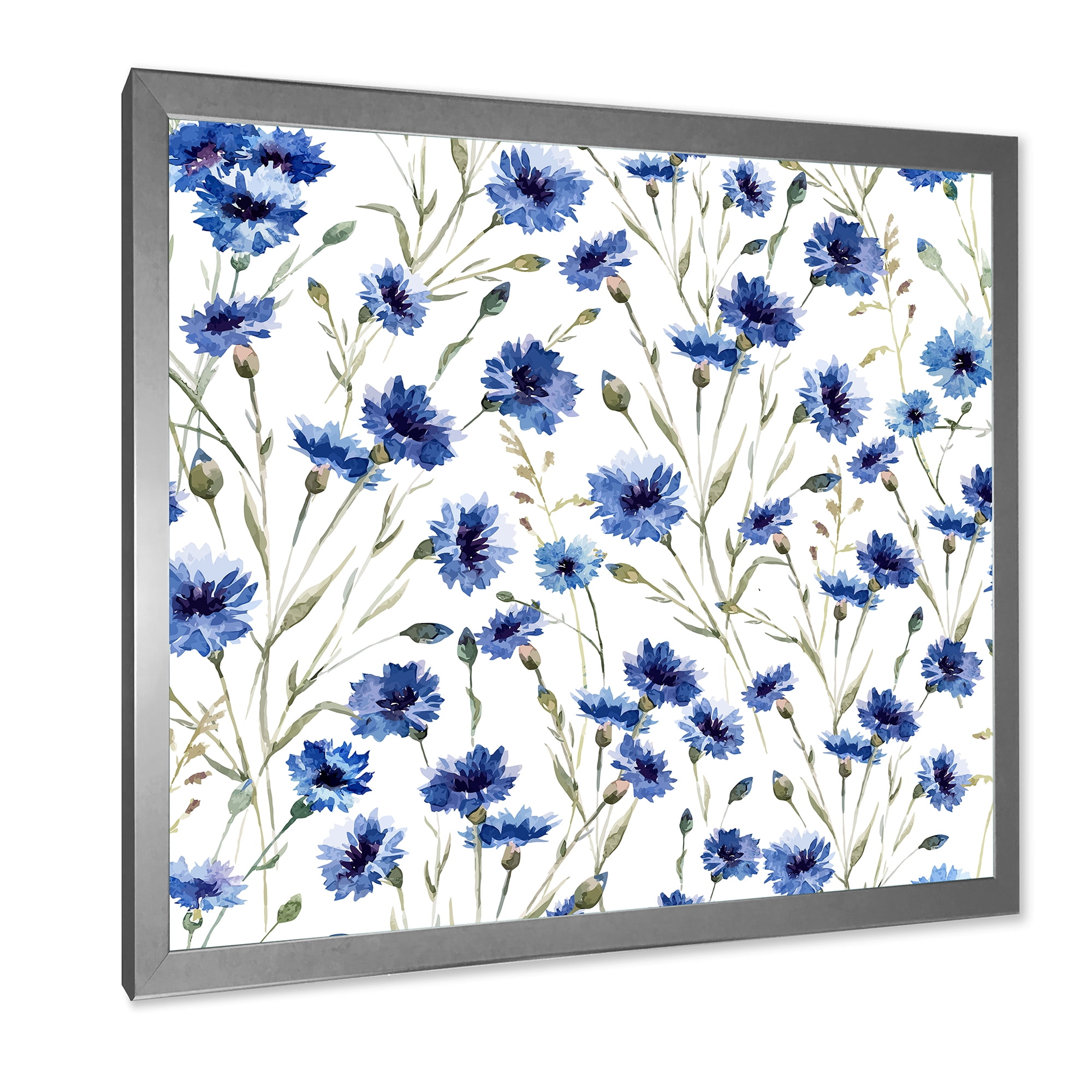 Designart 'Blue Wildflowers With Green Leaves On White' Traditional Framed Art Print