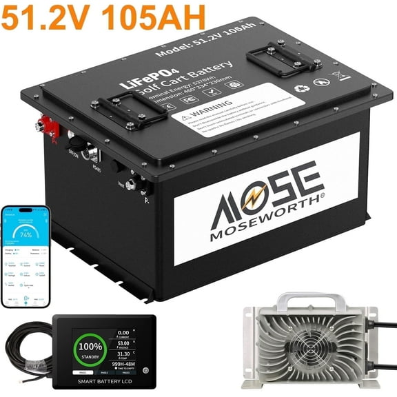 48V 105AH Golf Carts LiFePO4 Battery Bluetooth,200A BMS,Lithium Batteries with Smart Battery Monitor APP & 20A Charger,15000  Deep Cycles