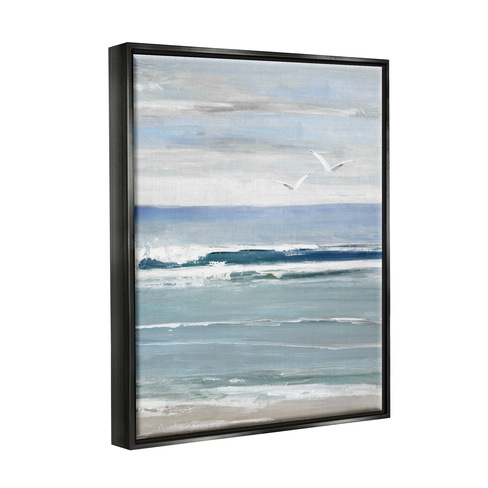 Stupell Industries Seagulls Over Shore Nature Painting Black Floater Framed Canvas Art Print Wall Art, 25 x 31