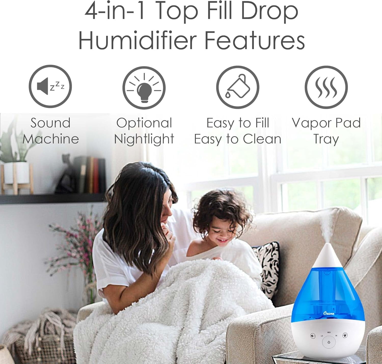 4-in-1 Drop 2.0 Ultrasonic Cool Mist Humidifier with Sound , Night Light, Tray, 1 Gallon Top Fill, Blue & White