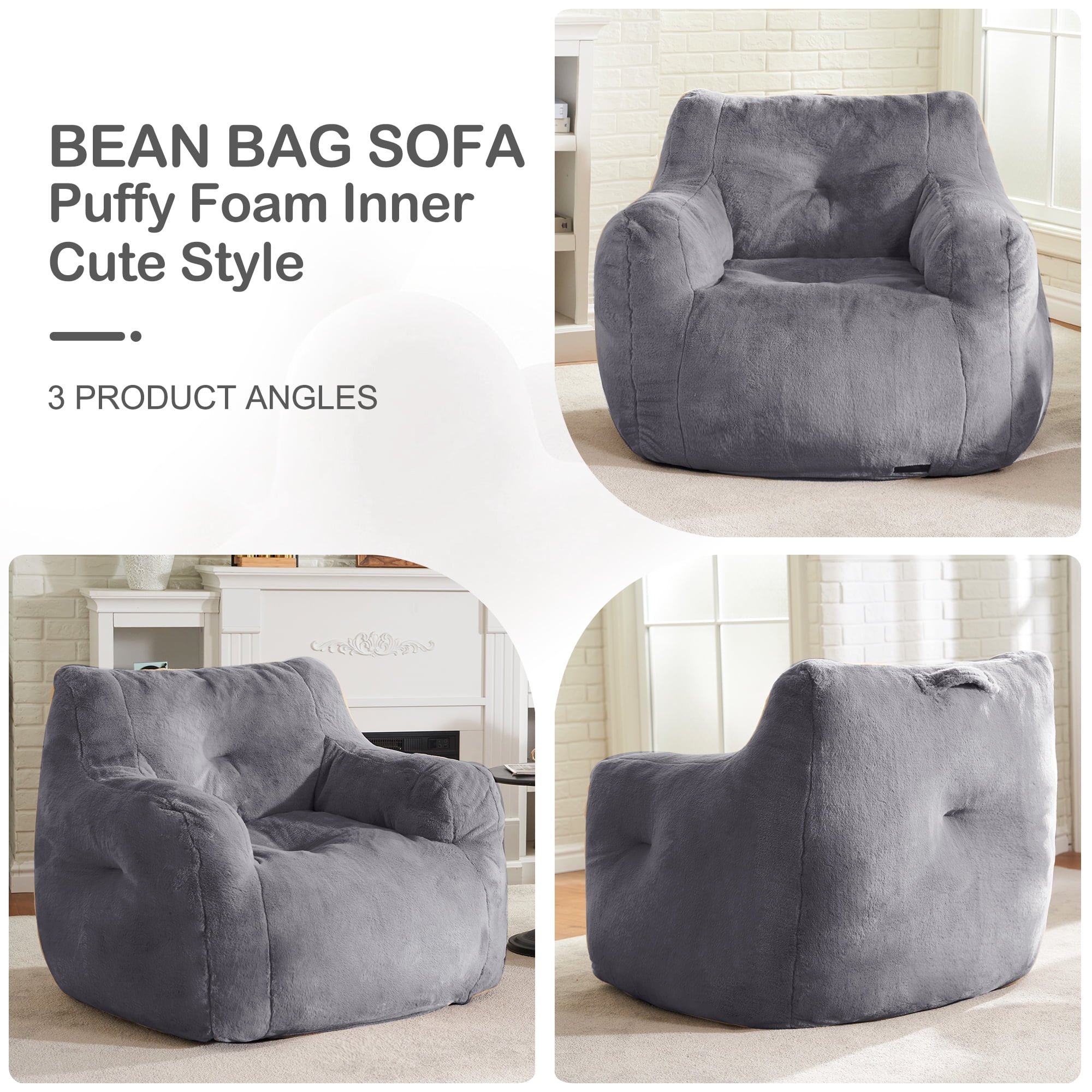 Hobestluk Bean Bag Chair for Adult Small Bean Bag Chairs with Arms Furry Beanbag Chair with Foam Filler Stuffed Bean Bag Sofa for Reading in Bedroom Living Room and Dorms(Grey)