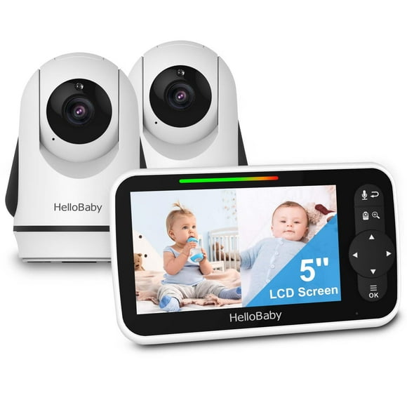 HelloBaby Video Baby Monitor con 2 cámaras y pantalla dividida de 5 pulgadas, cámaras de control remoto con visión nocturna y monitoreo de temperatura