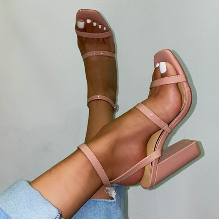 

〖Yilirongyumm〗 Pink 38 Sandals Women Fashion Women s Sandals Solid Buckle Color Thick Leather High Heel Women s Sandals