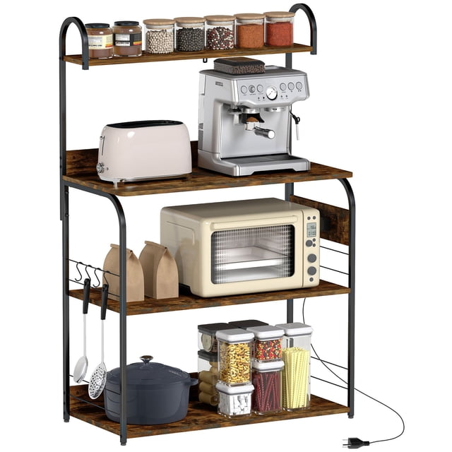 Rustic Brown Baker's Rack with Charging Station & Hooks - Kitchen Microwave Shelf, 31.5" Wide, Storage Organizer for Coffee Bar & Appliances
