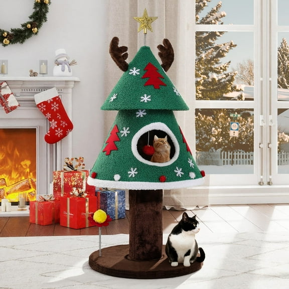 Dextrus 47" Christmas Cat Tree and Tower Condo  with Balls & Cat Teaser, Cat Furniture for Small Cats, Green