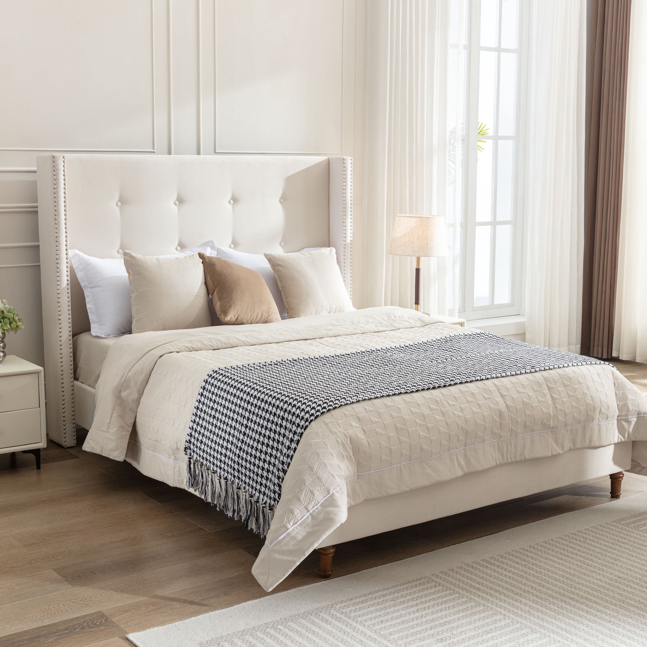 Noble House Peyton Indoor Button Diamond Tufted Velvet Upholstery Queen Bed with Wingback, Ivory