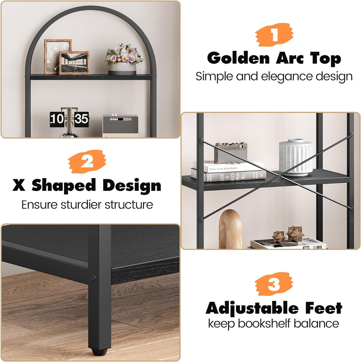 IdealHouse Arched 5-Tier Bookshelf, Modern Bookcase with Gold Metal Frame, Tall Wood Storage Shelf for Living Room, Bedroom, Home Office, Easy Assembly, Black