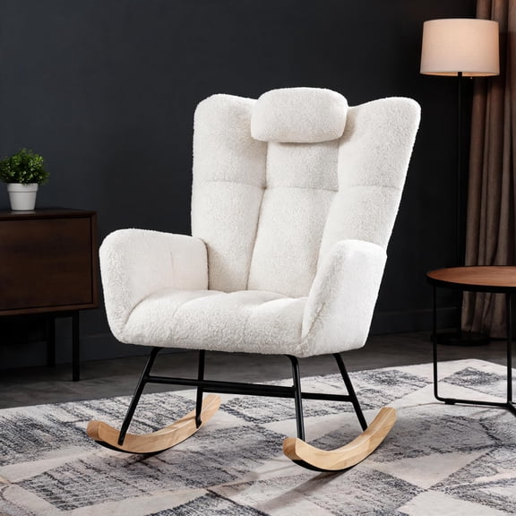 Panapinka Nursery Rocking Chair with Upholstered Padded Seat & High Backrest, Modern Ergonomic Glider Accent Chair with Side Pocket, Sturdy Frame for Living Room Bedroom