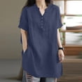 thumbnail image 2 of YDFCWXW Womens Short Sleeve Cotton Linen Shirts Button V Neck Loose Summer Tops Plus Size Solid Pullover Blouses Navy, L, 2 of 8