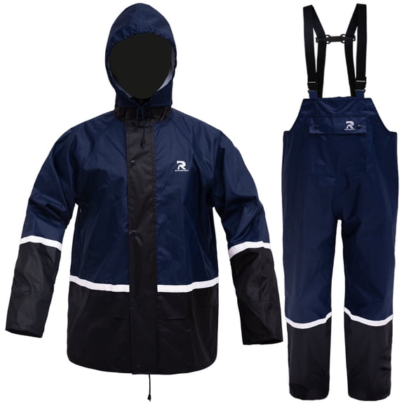 Rain Suits for Men Waterproof High Visibility Rain Gear Lightweight Rain Jacket with Bib Overalls Fishing Farming Golf(Navy,S)